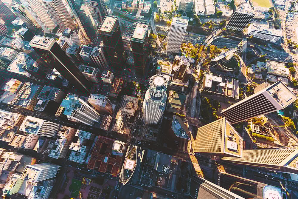 An aerial bird's eye shot of a city