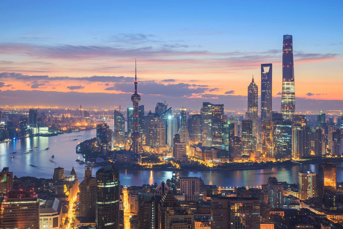 The sun setting over Shanghai